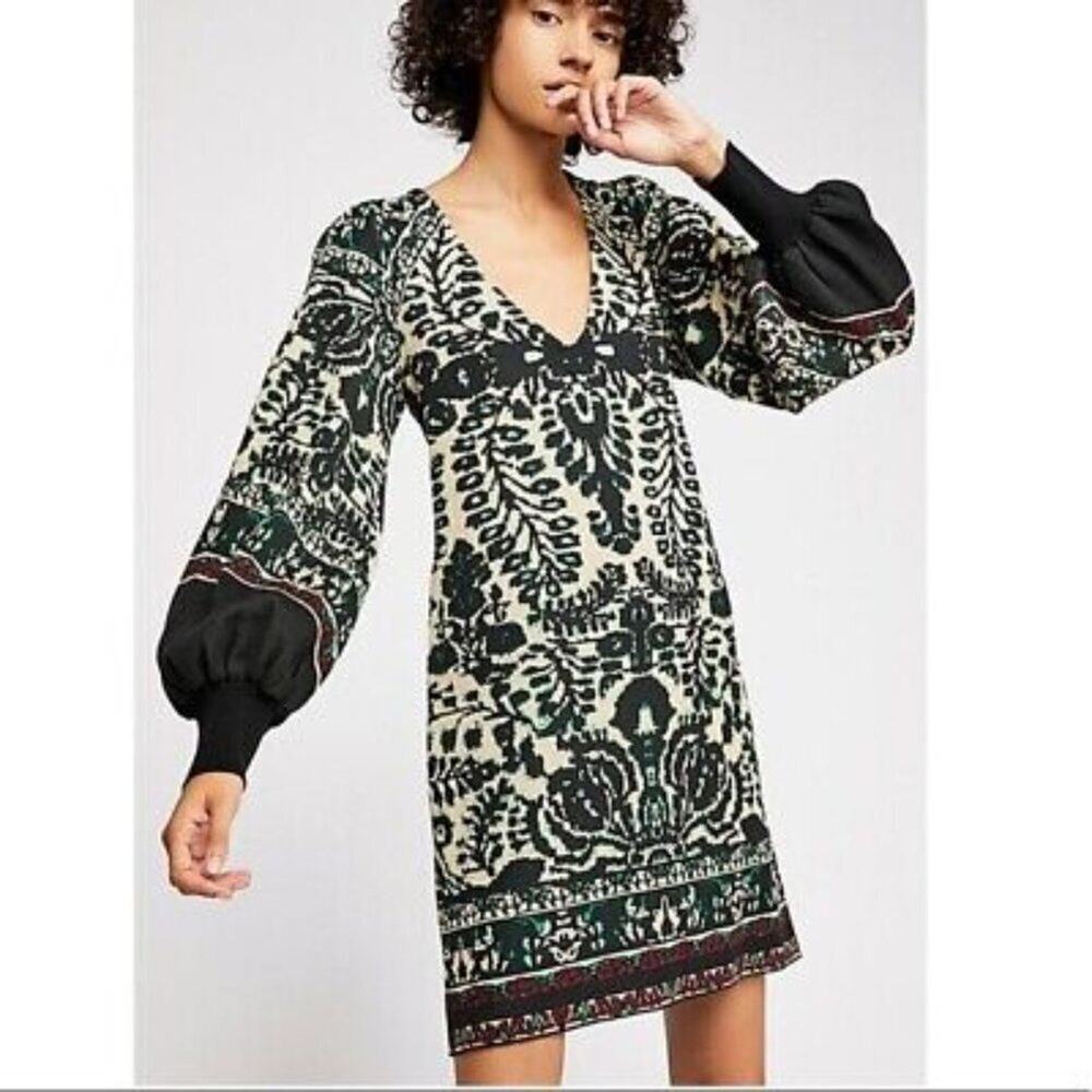 Free People Women’s Music & Lyrics Sweater Puff Long Sleeve Mini Dress || XS EUC